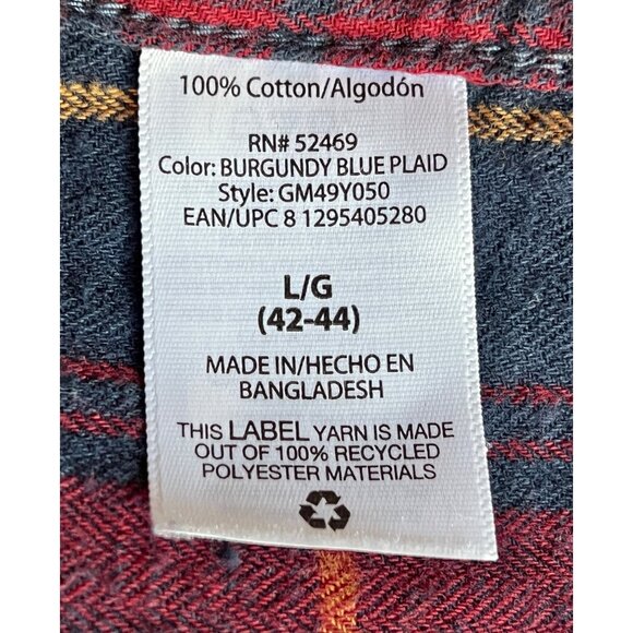 George Mens L Flannel Shirt Plaid Burgundy & Blue 100% Cotton Long Sleeve - Picture 4 of 6